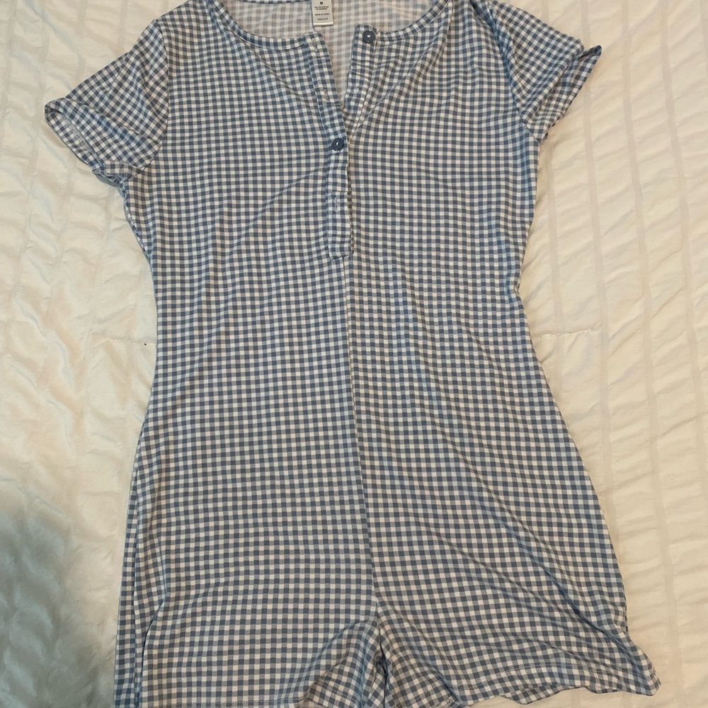 Blue and White Gingham Romper Pajamas